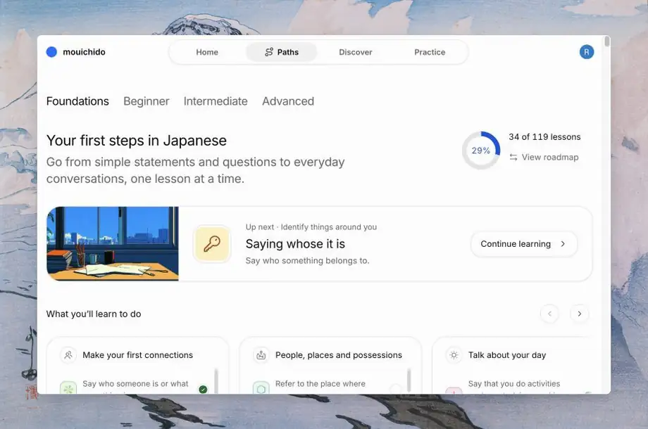 Paths open on Your first steps in Japanese, with the next lesson and the chapters ahead, then the first chapter, Make your first connections.