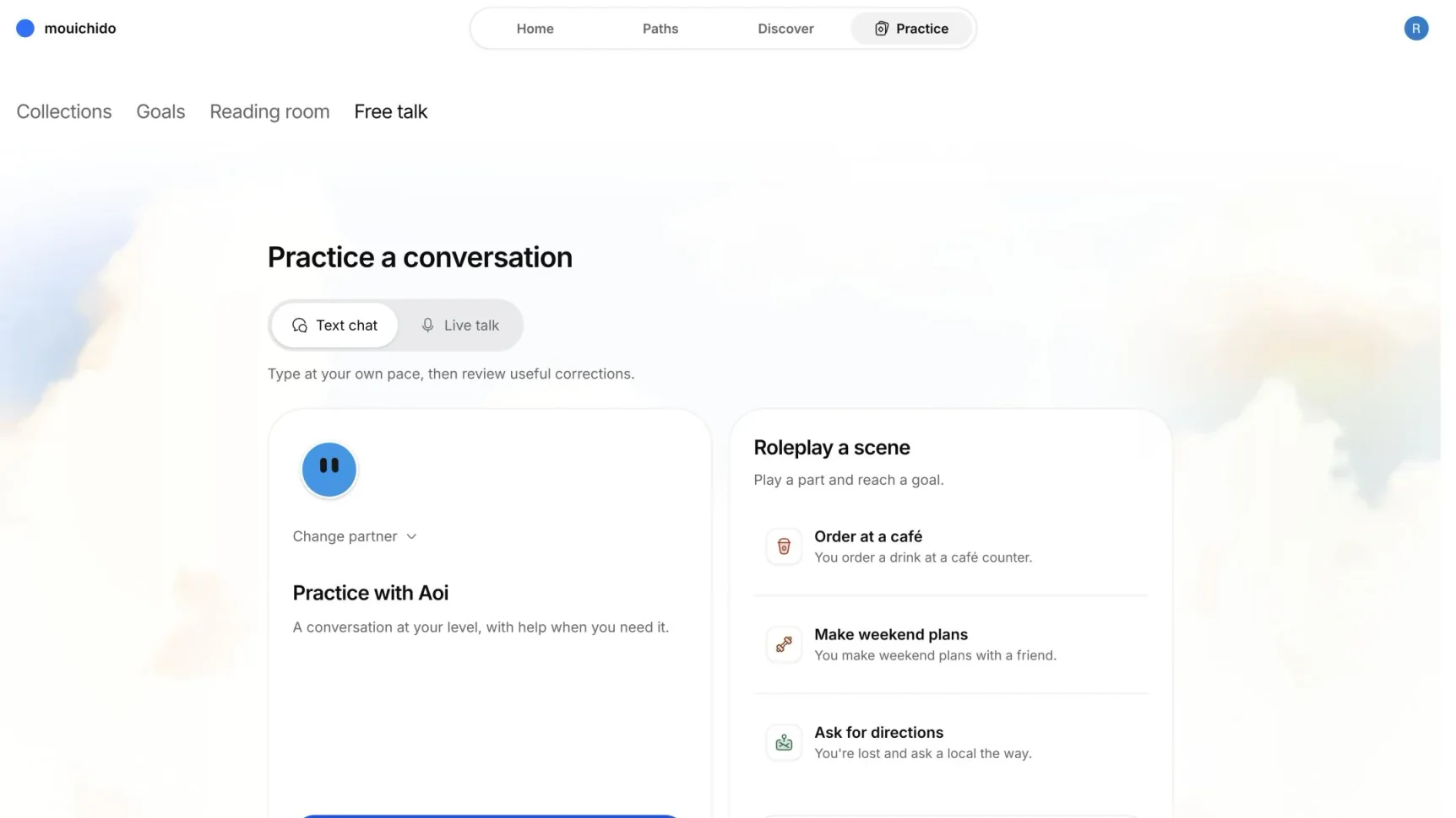 Free talk ready to practice a conversation with Aoi, next to roleplay scenes like ordering at a café.